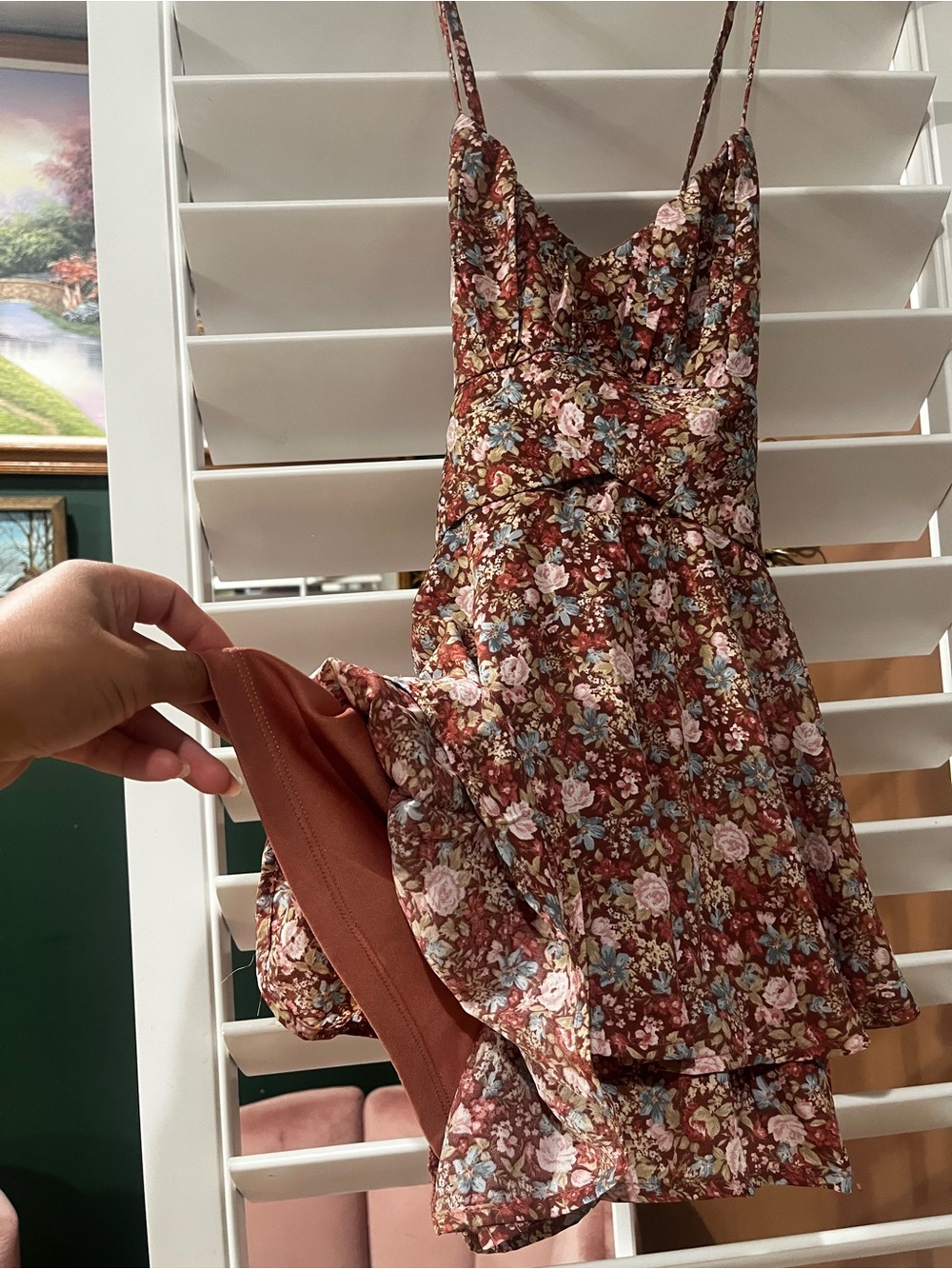 Floral Tiered Sundress with Spaghetti Straps - Burgundy Floral - Picture 4 of 5